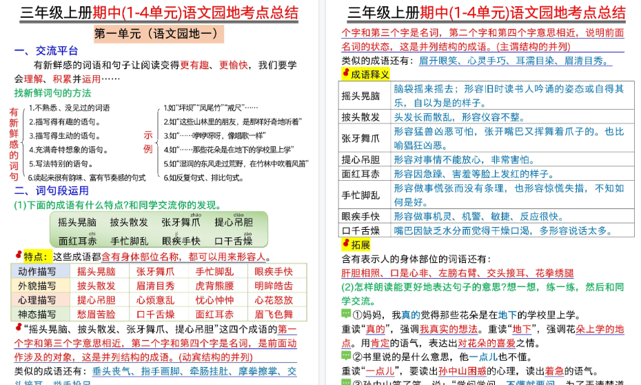 【18页高清完整版】三年级上册(1-4单元)语文园地考点总结-教学网