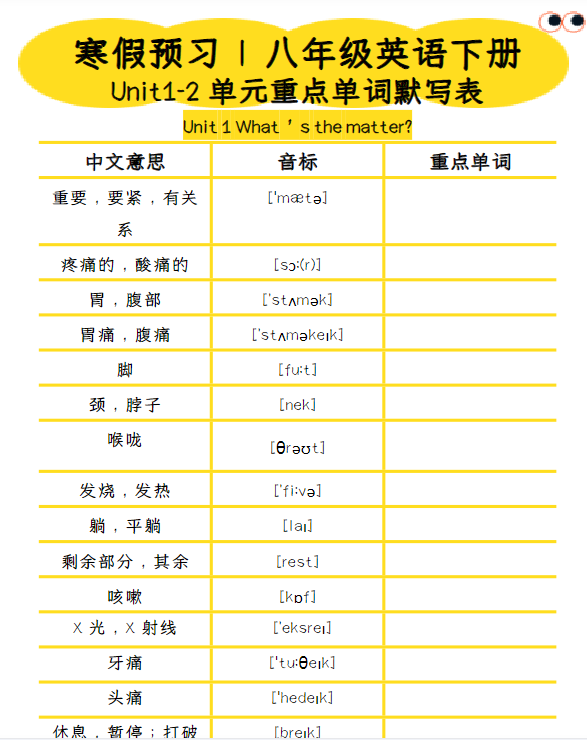 八年级英语下册Unit1-2单元重点单词默写表-教学网