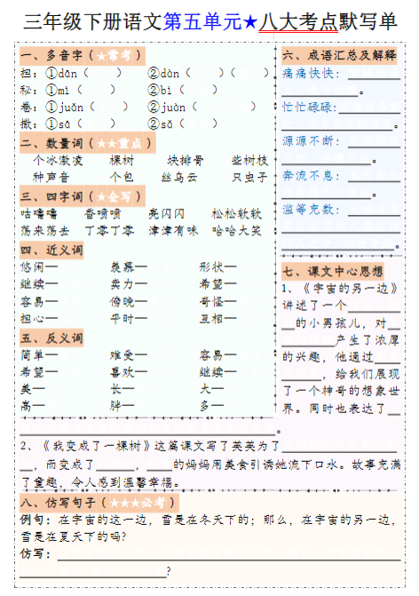 【精品】【1-8单元八大考点默写单】三下语文-教学网