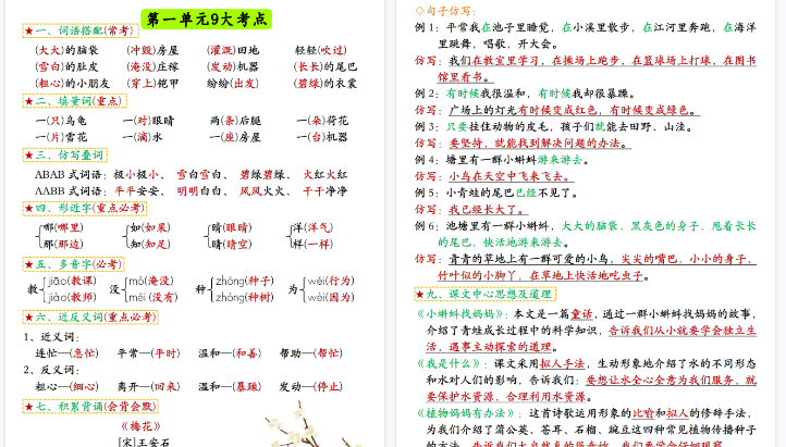 【高清8页整理】新版二上语文期中考试总复习高频考点汇总-教学网