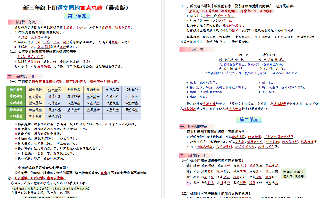 新三上语文1-8单元语文园地重点期末总结（晨读晚练）20页-免费学习资料下载 - 开学吧