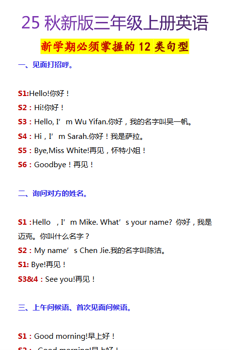 【2025秋新版】三年级上册英语新学期必须掌握的12类句型-教学网