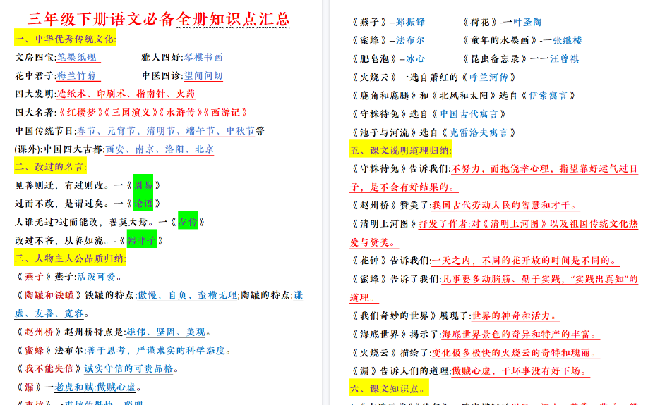 【12页高清完整版】三（下）语文 全册必背知识点-免费学习资料下载 - 开学吧
