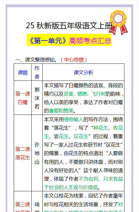 【2025秋新版】五年级语文上册《第一单元》高频考点汇总！-教学网