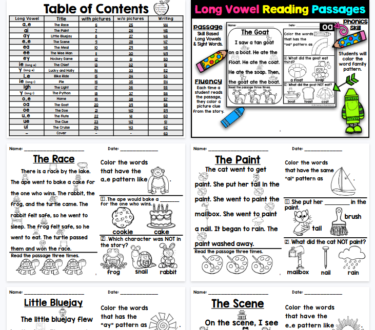 【60页高清彩色版】Long Vowel 阅读理解【完整可直接打印】自然拼读阅读小短文练习纸-教学网