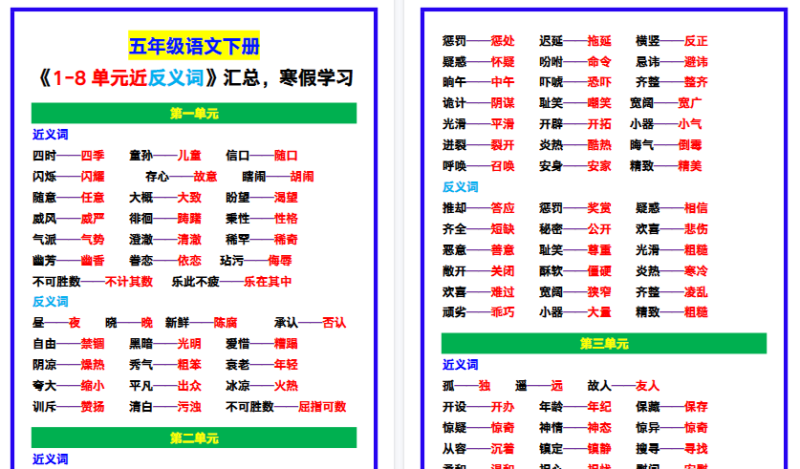 【2026寒假7页】五年级语文下册《1-8单元近反义词》汇总，寒假学习！-免费学习资料下载 - 开学吧