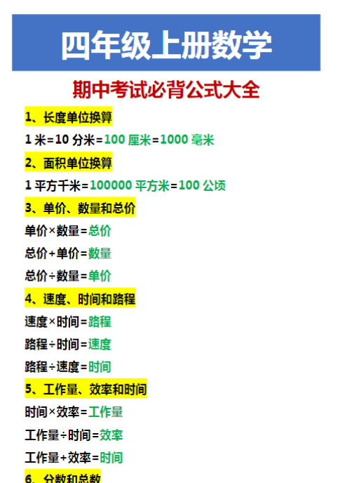 四年级上册数学 期中考试必背公式大全-教学网