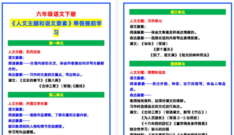 【2026寒假4页】六年级语文下册《人文主题和语文要素》，寒假提前学习！-免费学习资料下载 - 开学吧