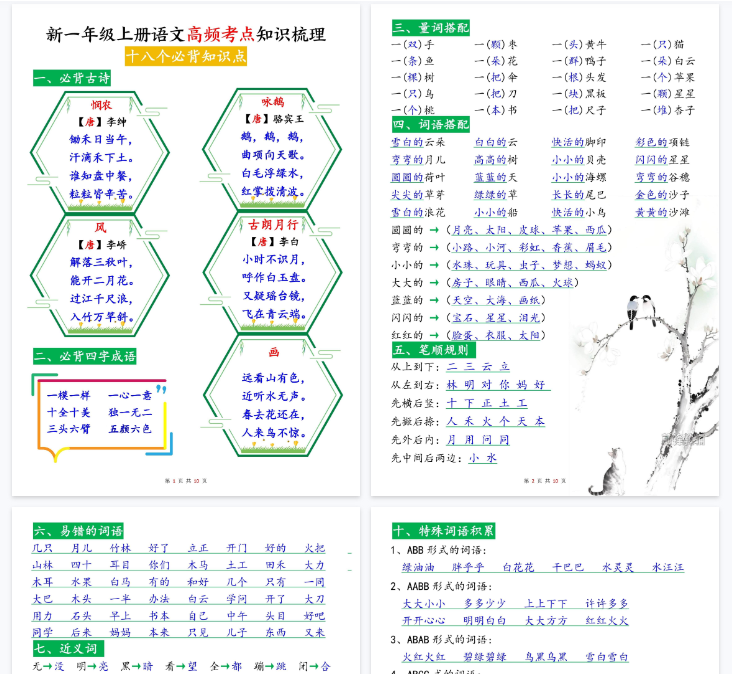 【高清10页整理】新一上语文高频考点知识梳理（十八个必背知识点）-教学网