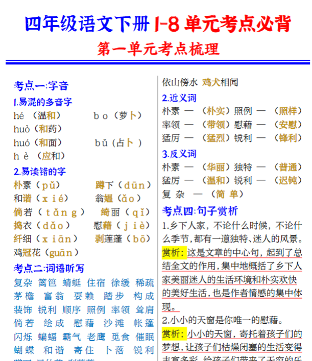 【高清电子版】四年级语文下册1-8单元知识点总结(部编版)-教学网