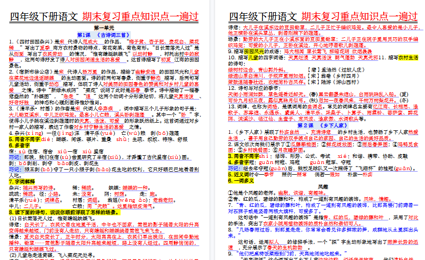 【41页高清完整版】四年级下册语文期末复习重点知识点一遍过-教学网