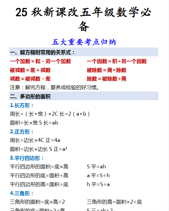 【2025秋新版】五年级数学必备 五大重要考点归纳-教学网