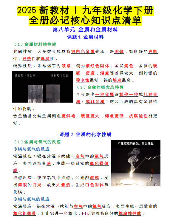 2025新教材 九年级化学下册:全册必记核心知识点清单-教学网