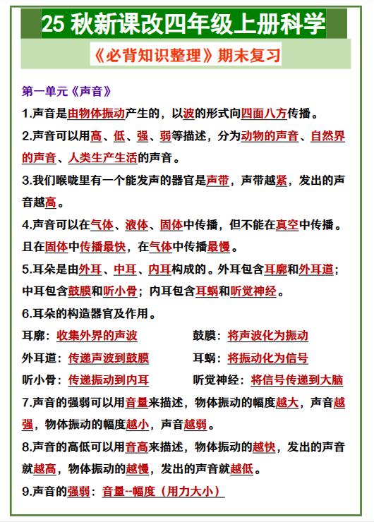 【2025秋新版】四年级上册科学 《必背知识整理》期末复习-教学网