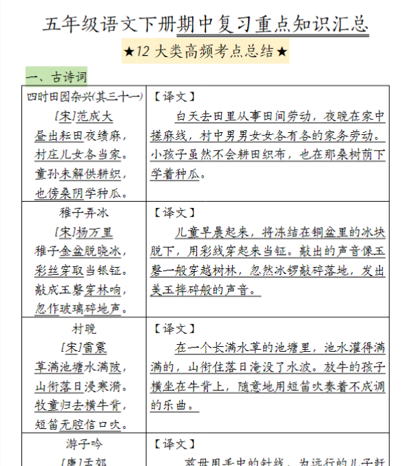 【高清电子版】五（下）语文期中高频考点总结-教学网