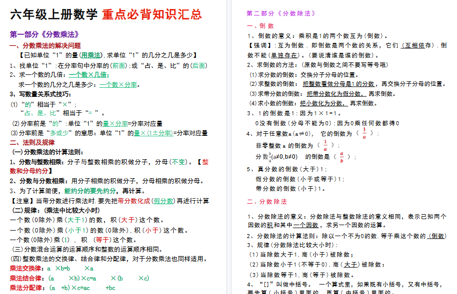 六年级上册数学各单元重点必背知识点期末归纳总结-免费学习资料下载 - 开学吧