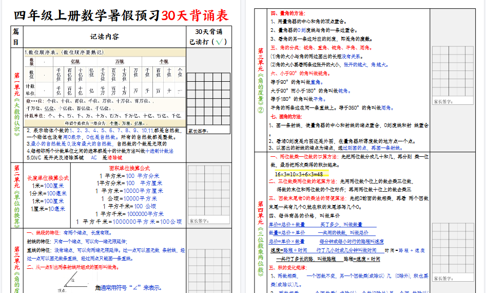 【5页高清完整版】四年级上册数学30天记录单-免费学习资料下载 - 开学吧