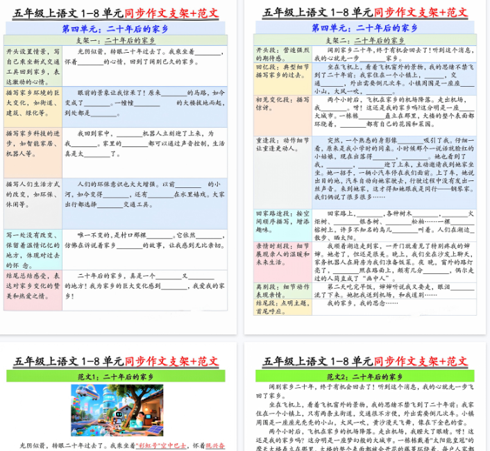 【12页完整版】五上丨语文 第四单元作文支架优秀范文-教学网
