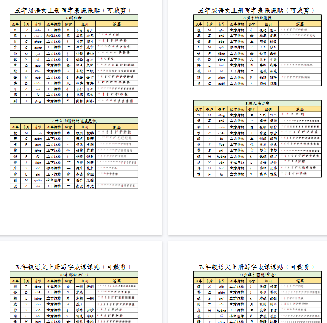 【11页完整版】五（上）语文写字表课课贴-教学网