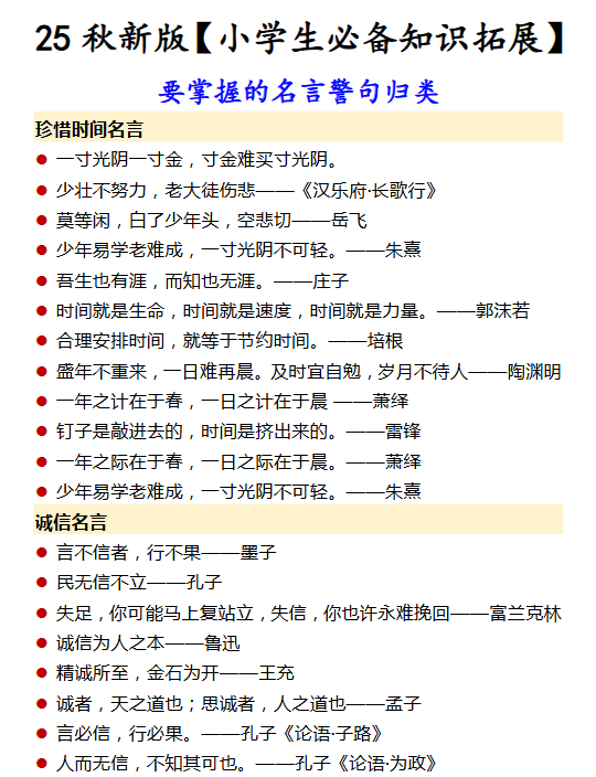 【2025秋新版】【小学生必备知识拓展】 要掌握的名言警句归类-教学网