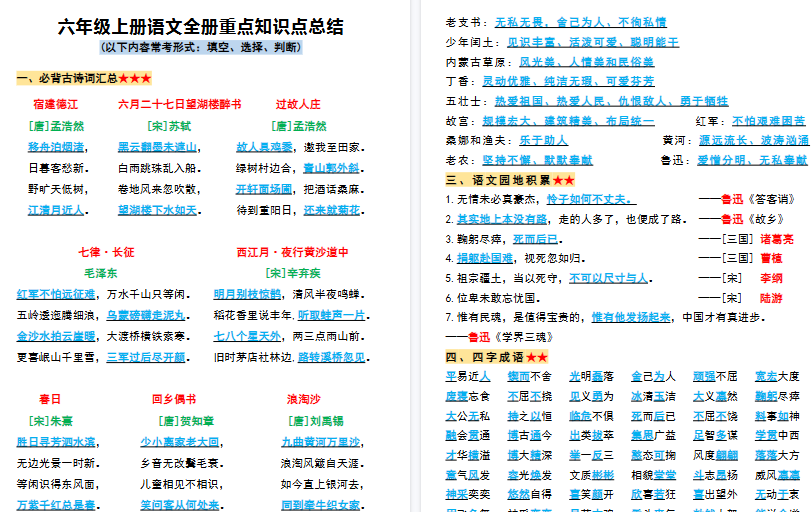 【11页高清完整版】六年级（上）语文全册重点知识点总结-教学网