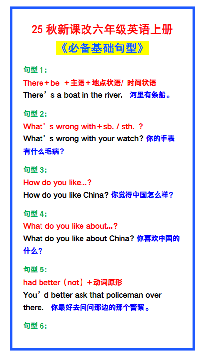【2025秋新版】六年级英语上册《必备基础句型》，最全整理！-教学网