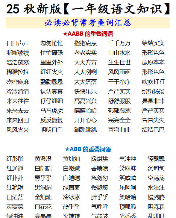 【2025秋新版】【一年级语文知识】 必读必背常考叠词汇总-教学网