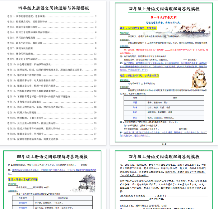 【高清46页整理】四年级上册语文阅读理解与答题模板（含答案）-教学网