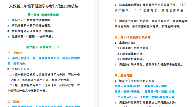 【7页高清完整版】人教版二年级下册数学必考知识点归纳总结-免费学习资料下载 - 开学吧