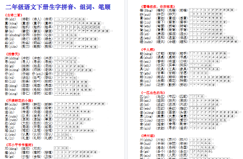 【2026春8页】二年级下册语文课课贴（生字拼音组词笔顺）-教学网