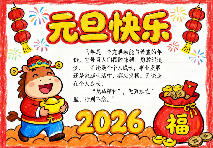 马年新年元旦2手抄报-高清可直接打印无水印版本-教学网