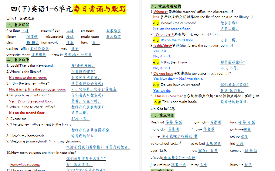 【2026春9页完整版】四年级（下）英语1-6单元知识汇总-免费学习资料下载 - 开学吧