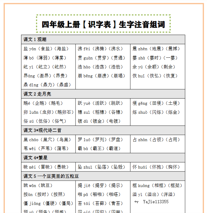 【2025秋季版】四上语文（识字表）注音、组词-教学网