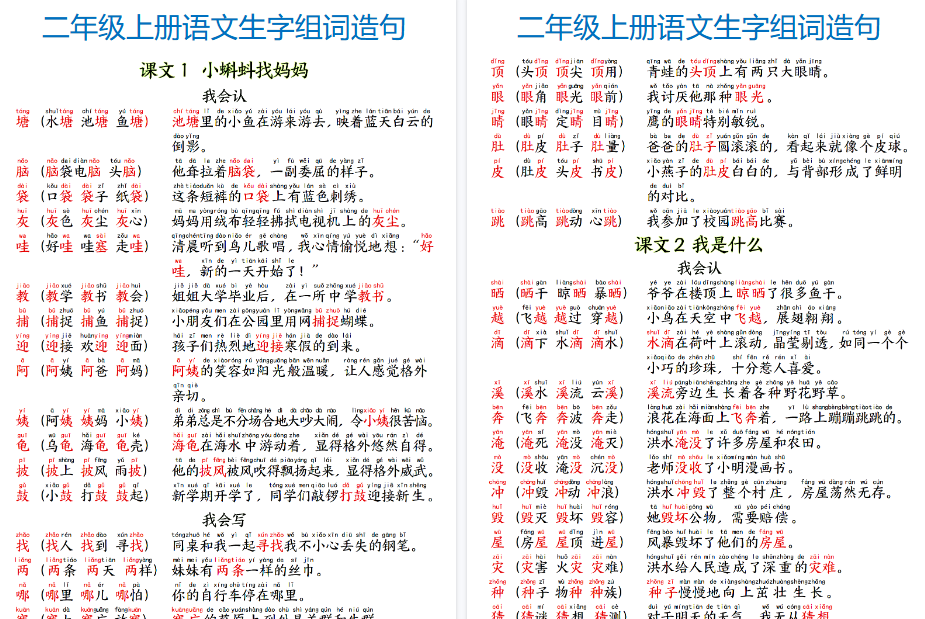 【18页高清完整版】二年级上册组词造句带拼音-免费学习资料下载 - 开学吧