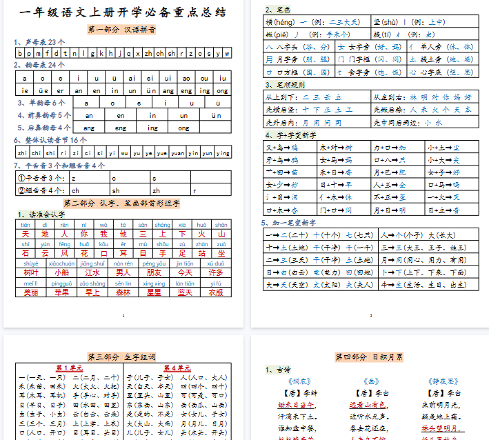 【15页完整版】一年级语文上册高频考点知识总结-教学网