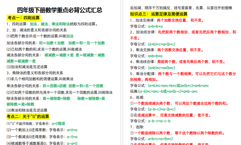 【7页高清完整版】四年级（下）数学重点必背公式汇总-教学网