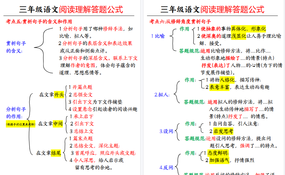 【5页高清完整版】【阅读理解公式】三上语文-免费学习资料下载 - 开学吧