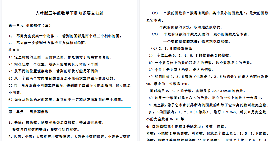 【30页高清完整版】五（下）人教版数学知识要点归纳-免费学习资料下载 - 开学吧
