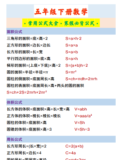 【2026寒假】五年级下册数学 ·常用公式大全·寒假必背公式·-免费学习资料下载 - 开学吧