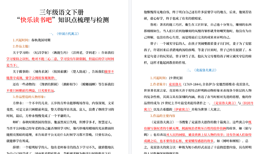 【15页高清完整版】三(下)语文【快乐读书吧】知识点梳理与练习-免费学习资料下载 - 开学吧