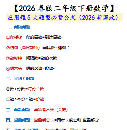 2026春新版二年级下册数学 应用题必背公式-免费学习资料下载 - 开学吧