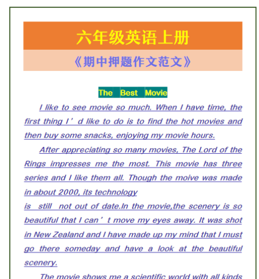 六年级英语上册 《期中押题作文范文》-教学网