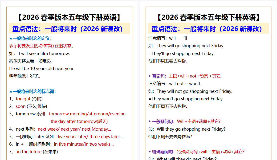 2026春新版【五年级下册英语】 重点语法：一般将来时-免费学习资料下载 - 开学吧