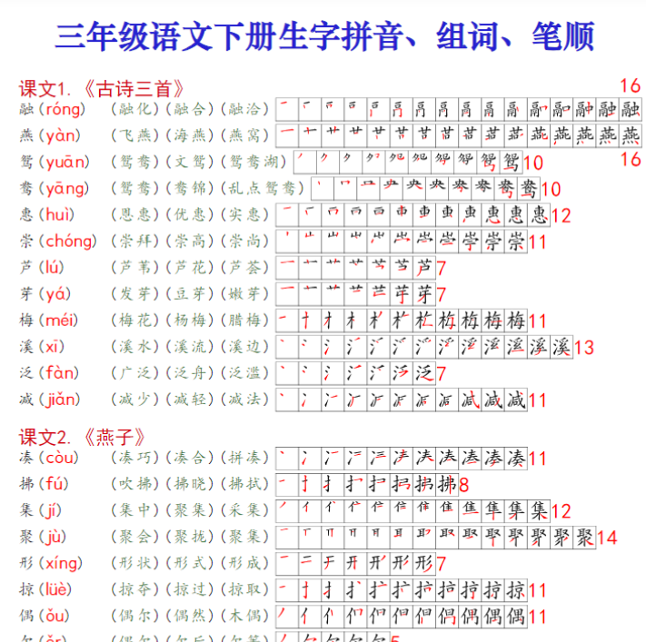 三年级下册语文课课贴高清版（生字拼音组词笔顺）11页-教学网