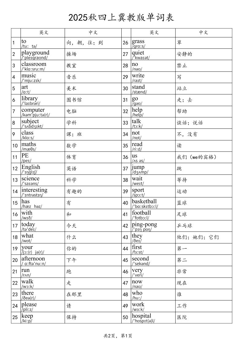 2025秋四上英语冀教版单词表-教学网