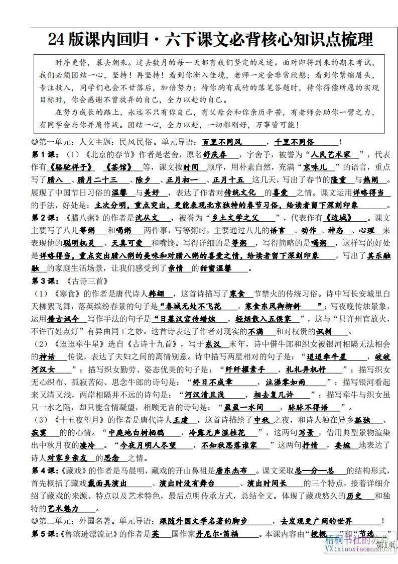六年级下册课文必背核心知识点梳理-教学网