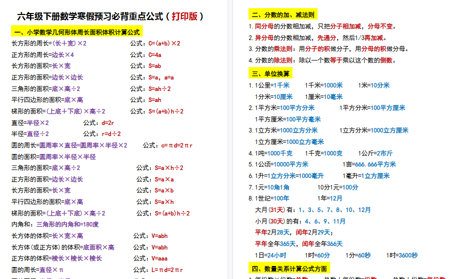 【7页高清完整版】六年级下册数学寒假预习必背重点公式（打印版）-教学网