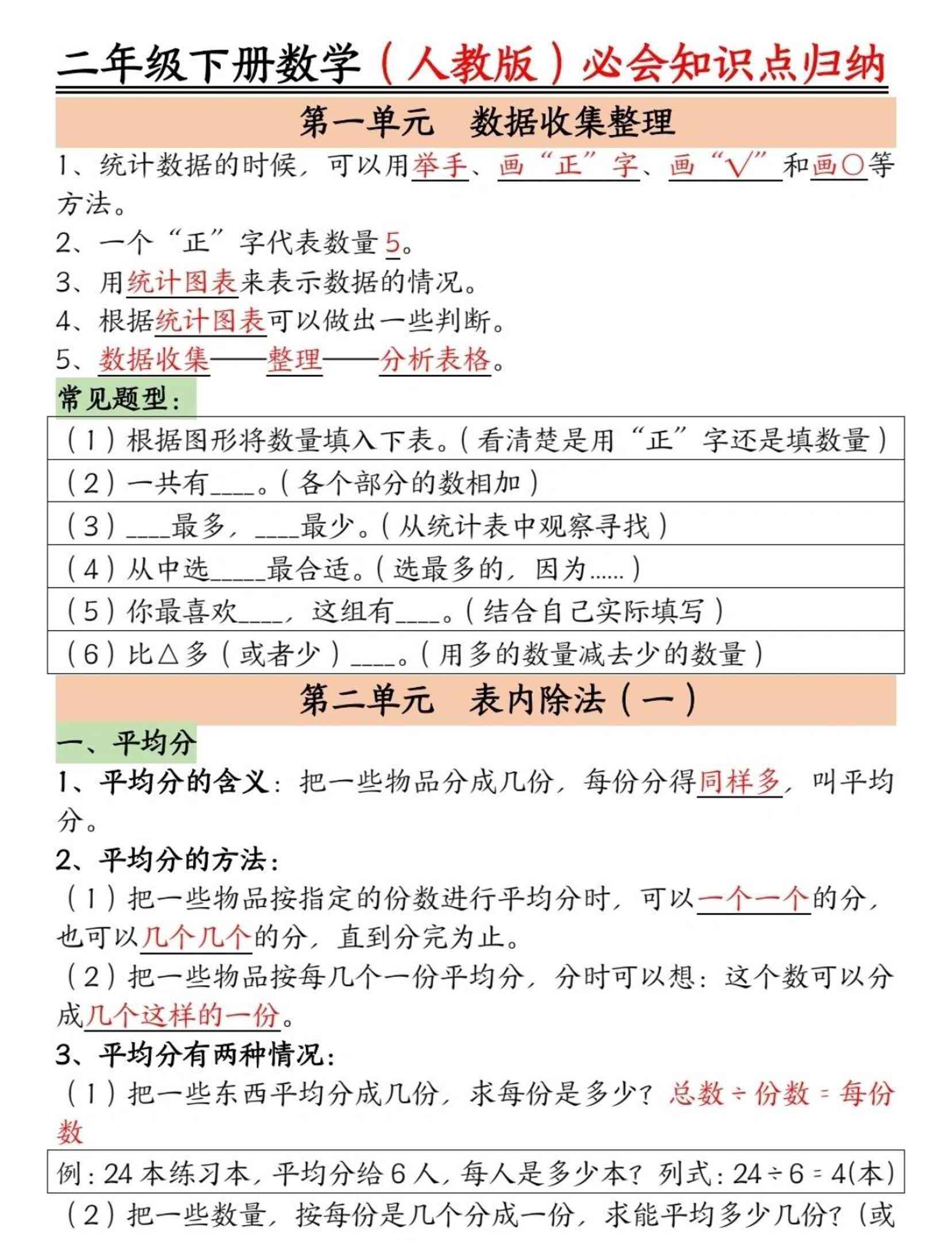 二年级下数学必背知识点归纳人教版-教学网