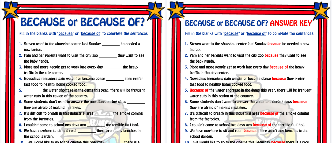 【2页高清彩色版】because or because of esl grammar exercise worksheet【完整可直接打印】语法作业纸63套-教学网