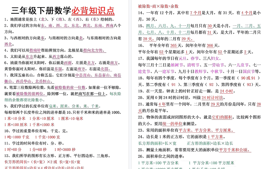 【9页高清完整版】三年级下册数学必背知识点及面积+年月日易错点-教学网